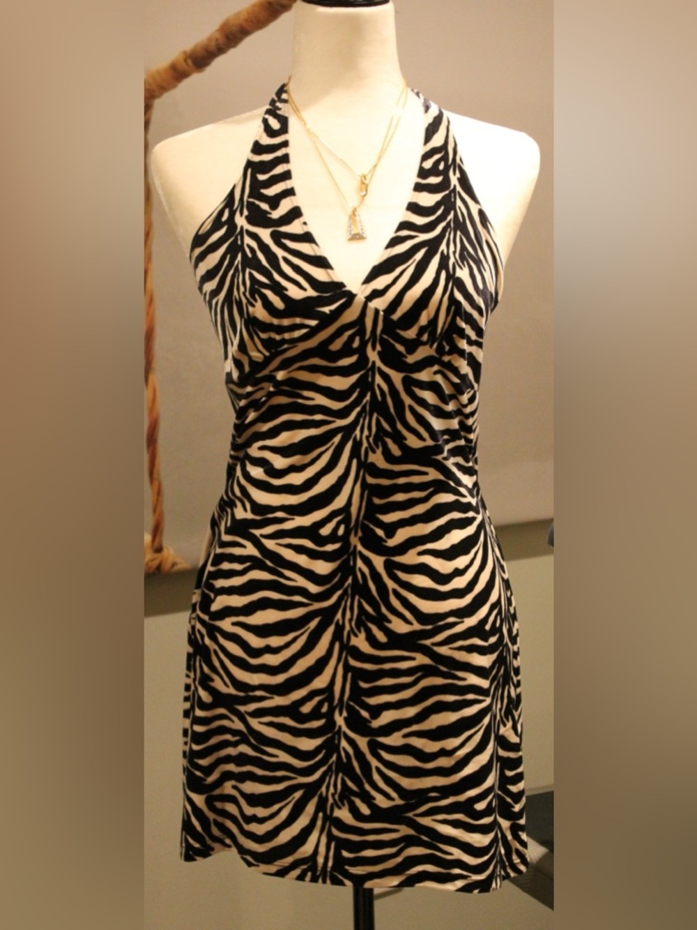 Zebra Print Halter Dress in Black & Cream